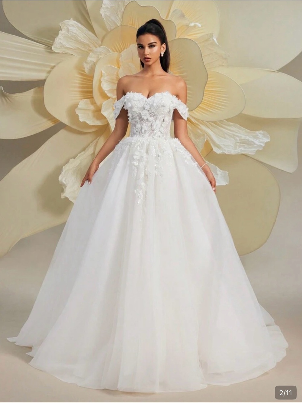 SHEIN White Off-Shoulder Ball Gown with 3D Floral Appliqués